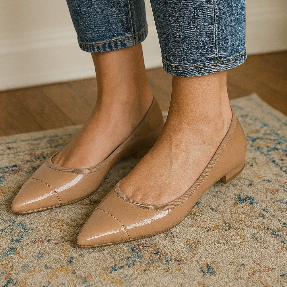 Pointed Toe Patent Ballet Flats in Nude